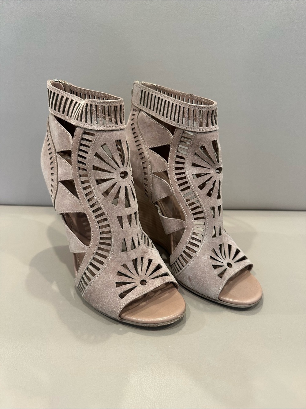 Sergio Rossi Blush Laser-Cut Peep-Toe Wedge Sandals